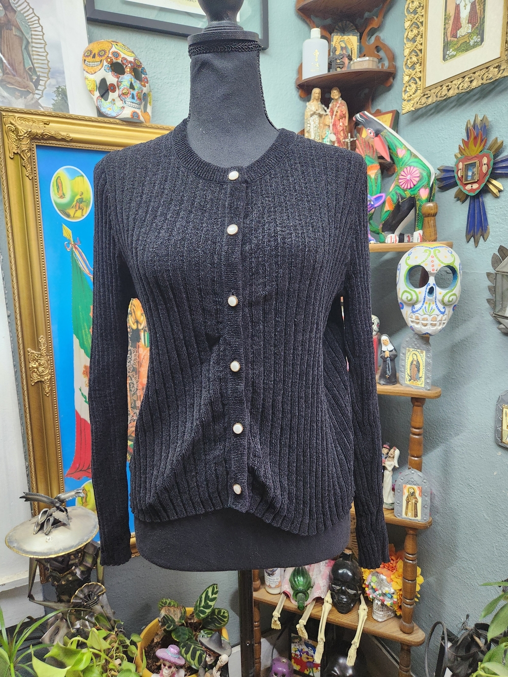 Rachel Zoe Black Ribbed Cardigan with Pearl Buttons